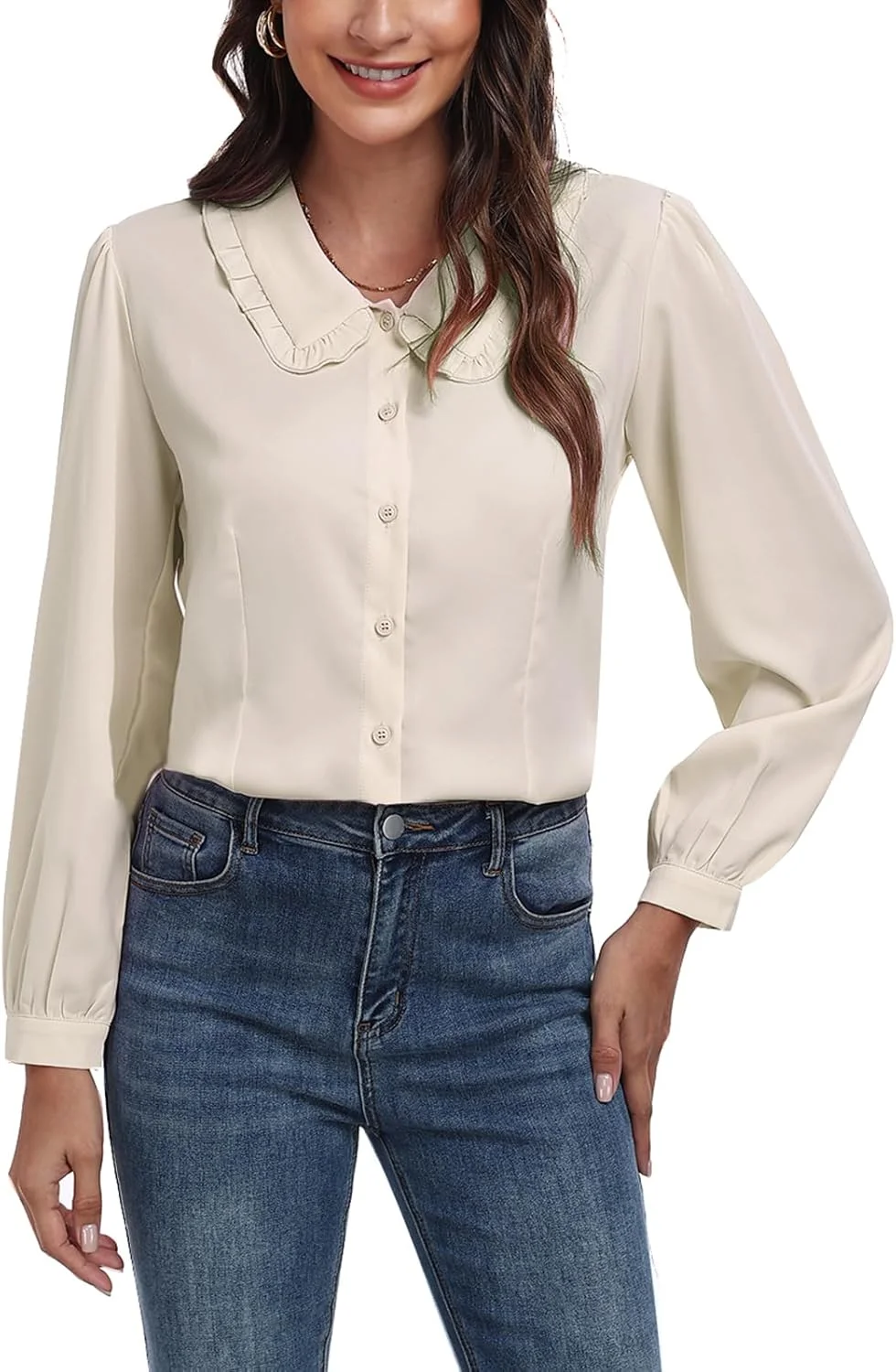 MINTLIMIT پیراهن یقه پیتر پن زنانه آستین بلند دکمه دار بلوزهای کژوال کار وینتیج