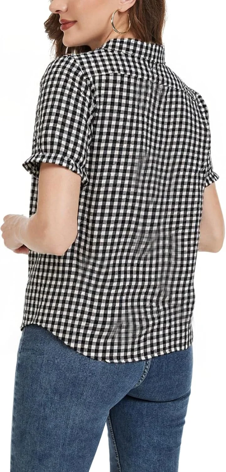 بلوز زنانه تابستانی چهارخانه MINTLIMIT مدل 2025، تاپ چهارخانه آستین کوتاه دکمه دار با یقه پیتر پن