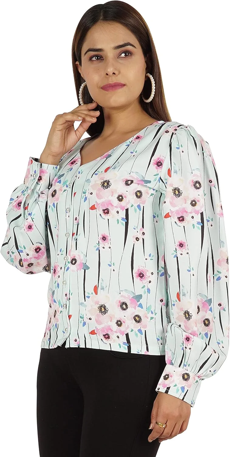 بلوز زنانه طرح دار مومایا، دکمه دار، آستین بلند، پیراهن غیر رسمی