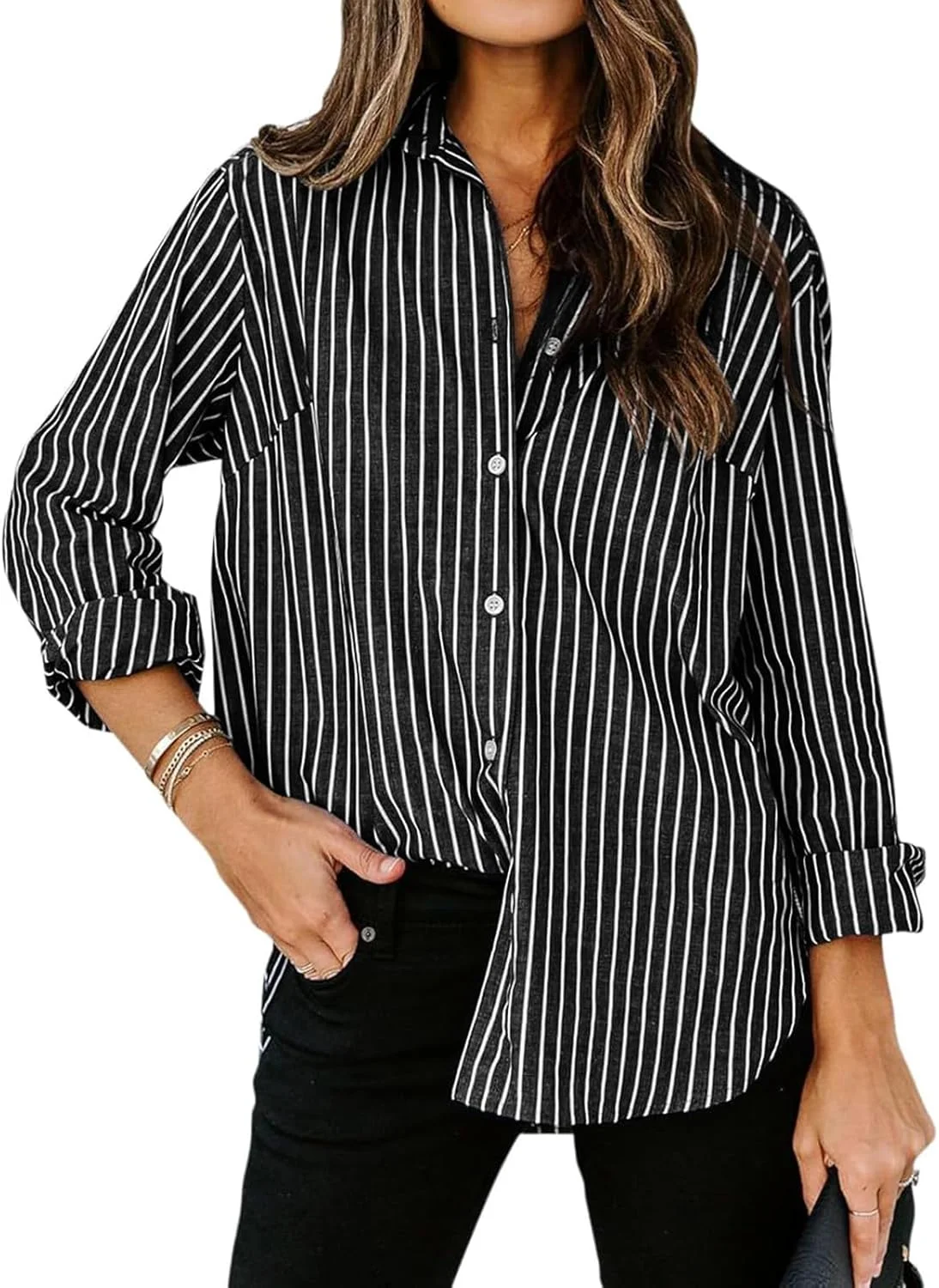 MINTLIMIT بلوز زنانه راه راه دکمه دار آستین بلند با جیب