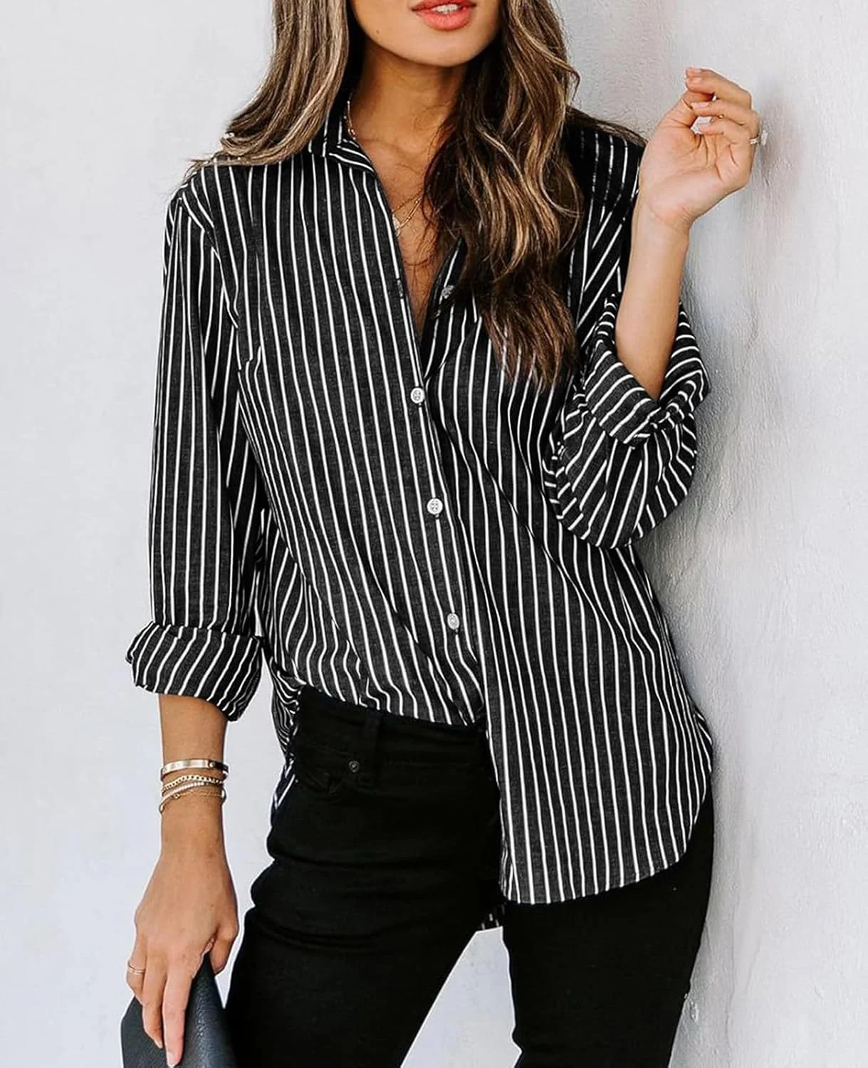 MINTLIMIT بلوز زنانه راه راه دکمه دار آستین بلند با جیب