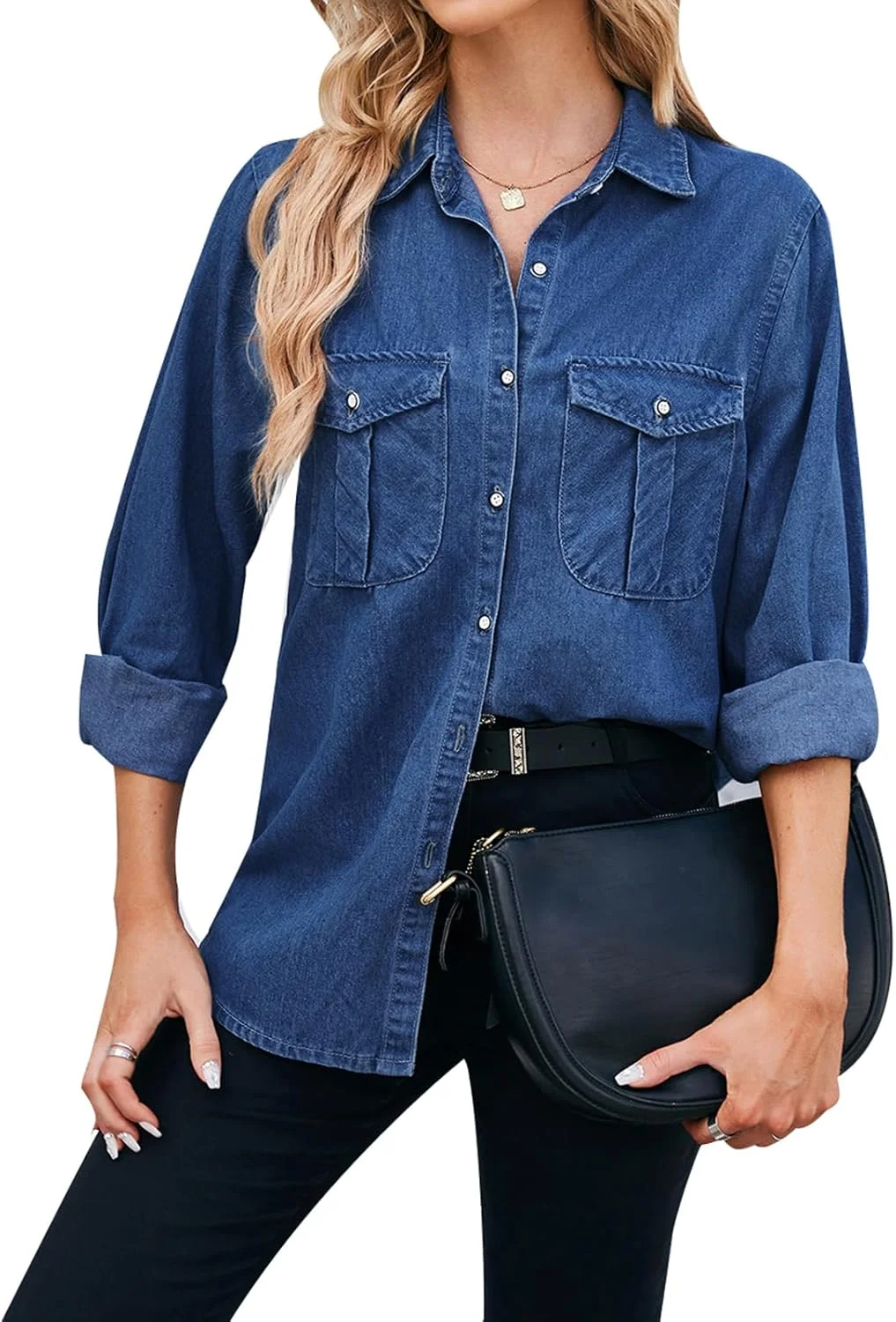 MINTLIMIT پیراهن جین زنانه آستین بلند دکمه دار، ژاکت پیراهن جین غیر رسمی، بلوز و تاپ های جین قدیمی با جیب