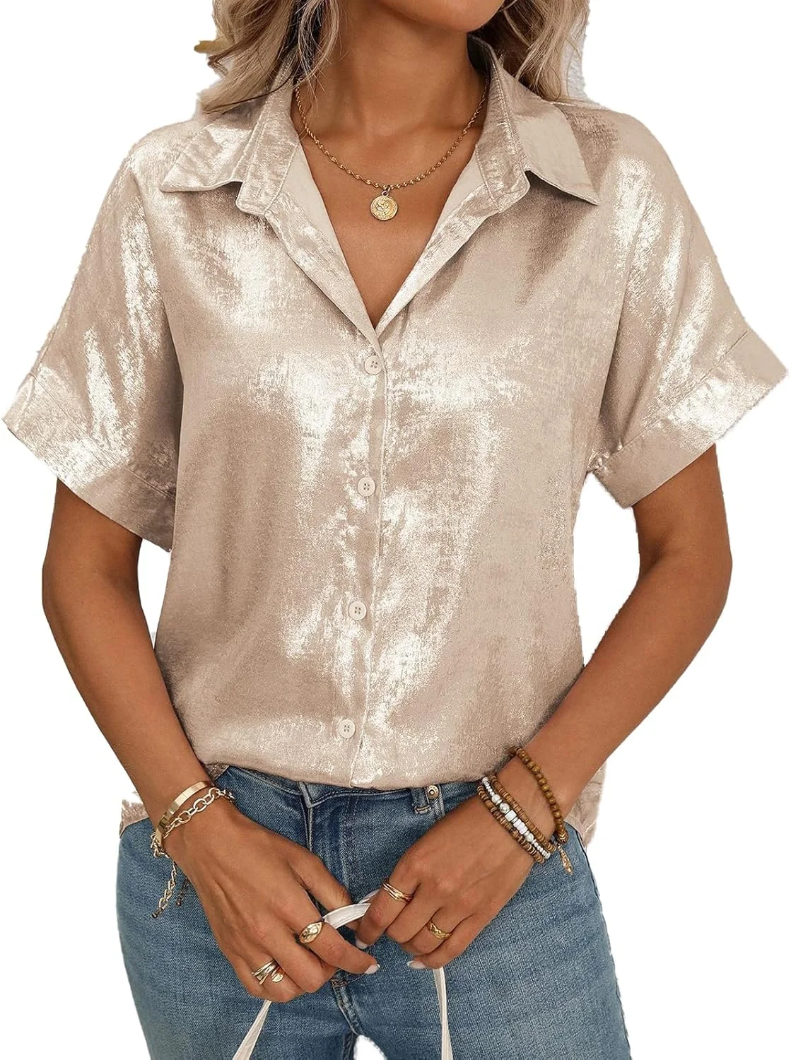 MINTLIMIT بلوز ساتن زنانه آستین کوتاه دکمه دار، بلوز ابریشمی، تاپ های اداری غیر رسمی زنانه