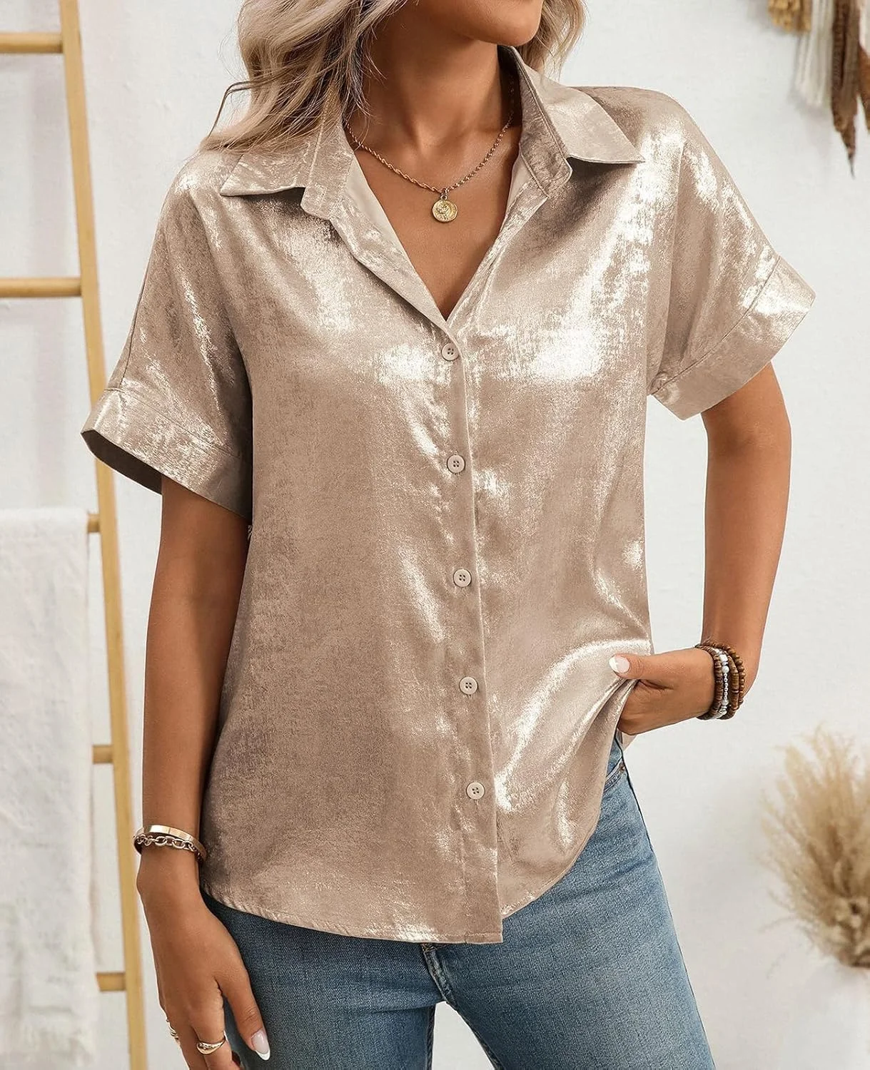 MINTLIMIT بلوز ساتن زنانه آستین کوتاه دکمه دار، بلوز ابریشمی، تاپ های اداری غیر رسمی زنانه