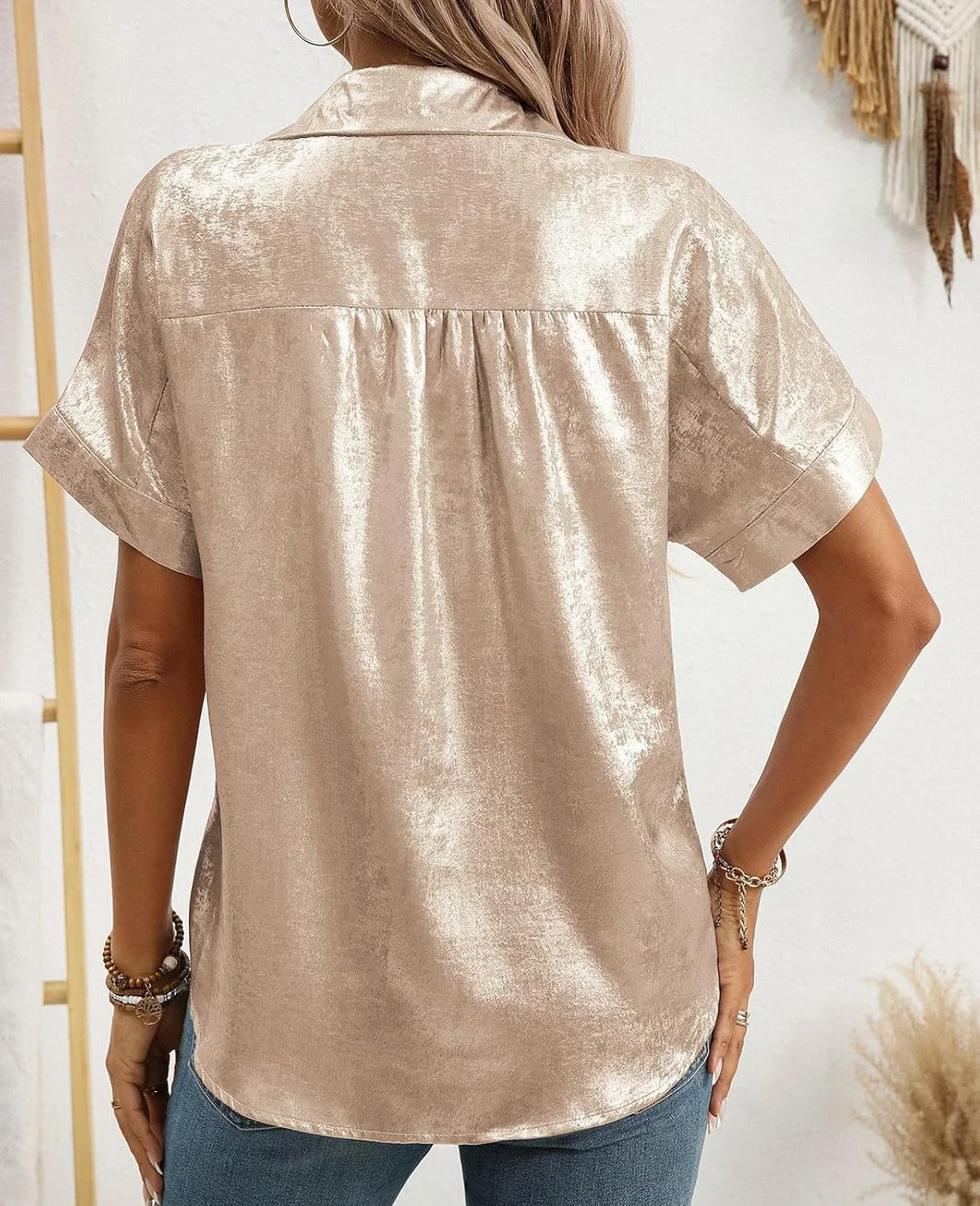 MINTLIMIT بلوز ساتن زنانه آستین کوتاه دکمه دار، بلوز ابریشمی، تاپ های اداری غیر رسمی زنانه