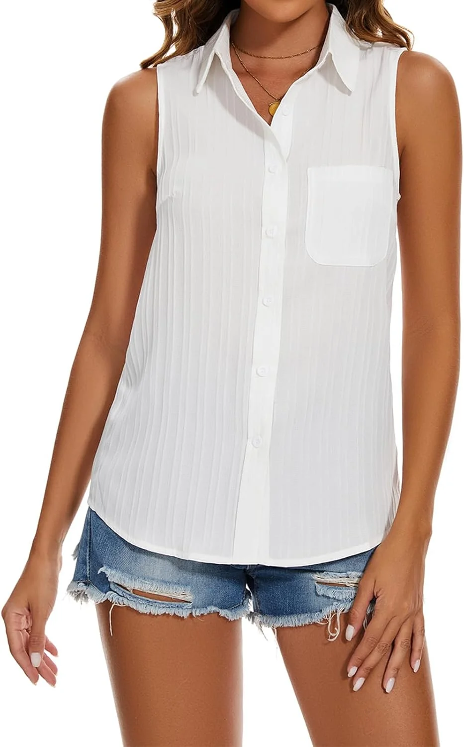 مینت لیمیت بلوز بدون آستین زنانه، شومیزهای شیفون، تاپ دکمه دار، تونیک، پیراهن یقه دار غیر رسمی با جیب سینه