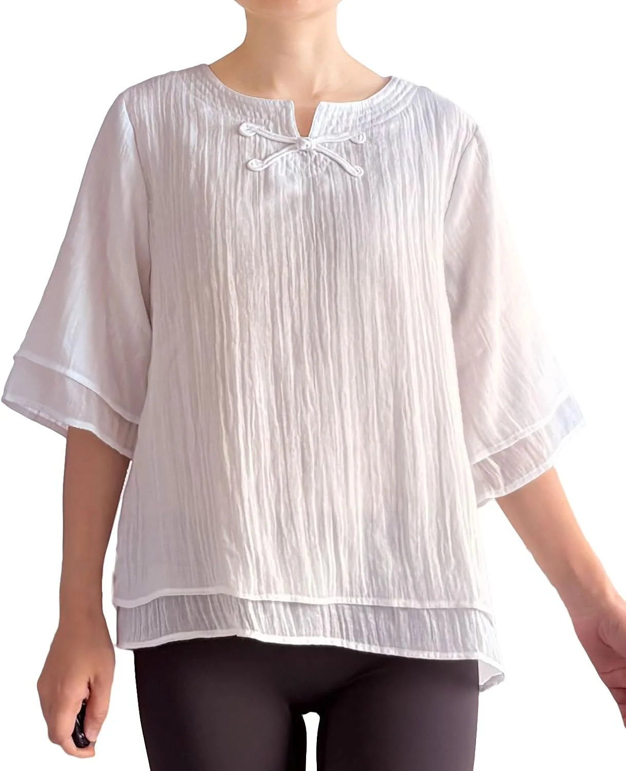 بلوز زنانه مینی بی، آستین سه ربع، جنس کتان نخی، طرح قورباغه ای چینی، مناسب تابستان