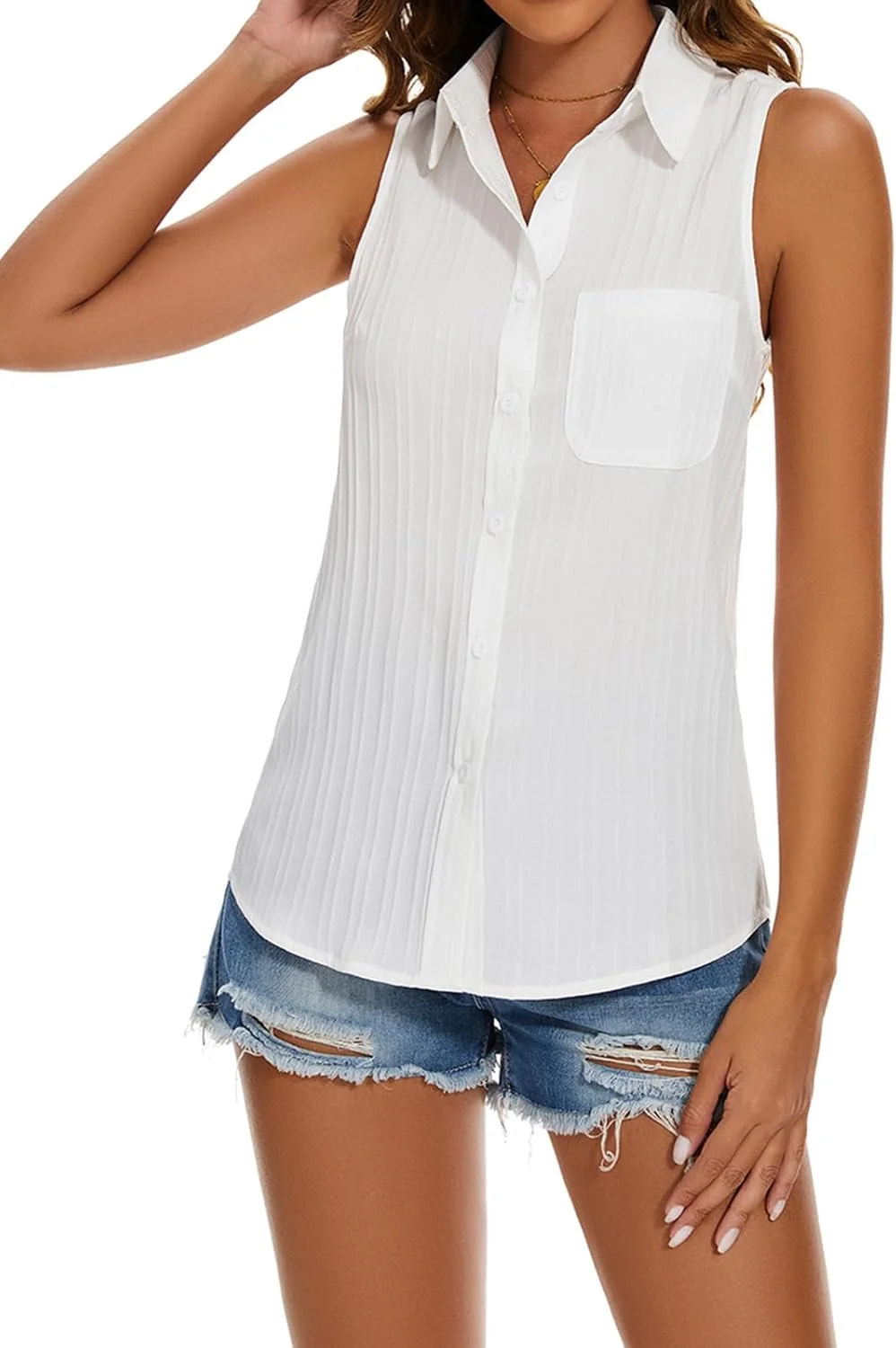 مینت لیمیت بلوز بدون آستین زنانه، شومیزهای شیفون، تاپ دکمه دار، تونیک، پیراهن یقه دار غیر رسمی با جیب سینه