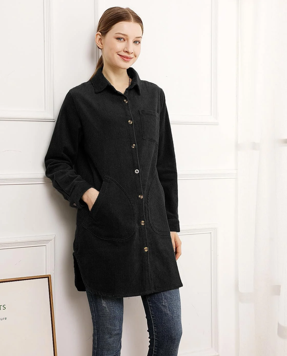 کت پیراهن زنانه مخملی کبریتی Minibee، آستین بلند، دکمه دار، بلوز و تاپ با جیب