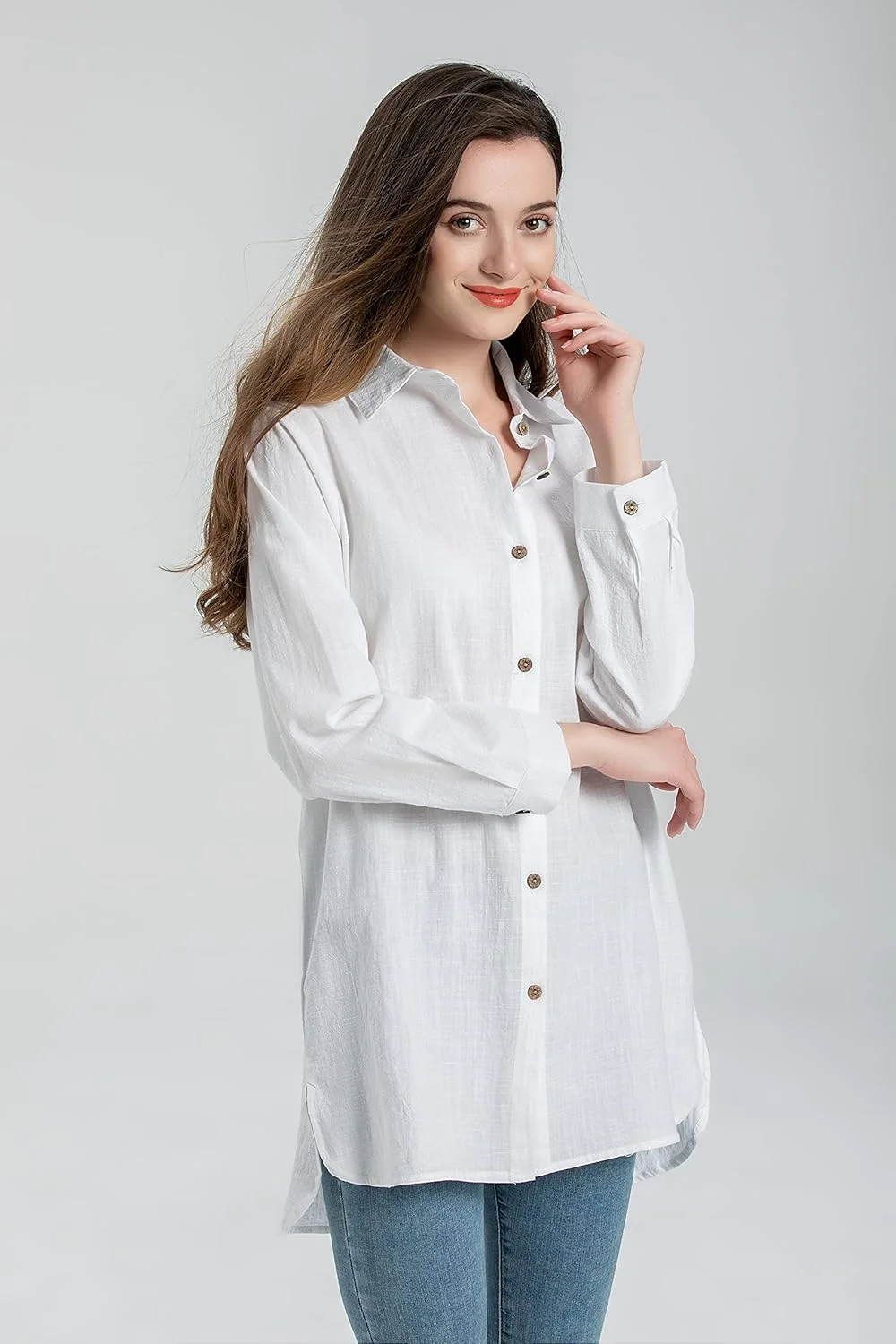 تونیک زنانه Minibee، بلوز دکمه دار، مدل دوست پسرانه، سفید، سایز L