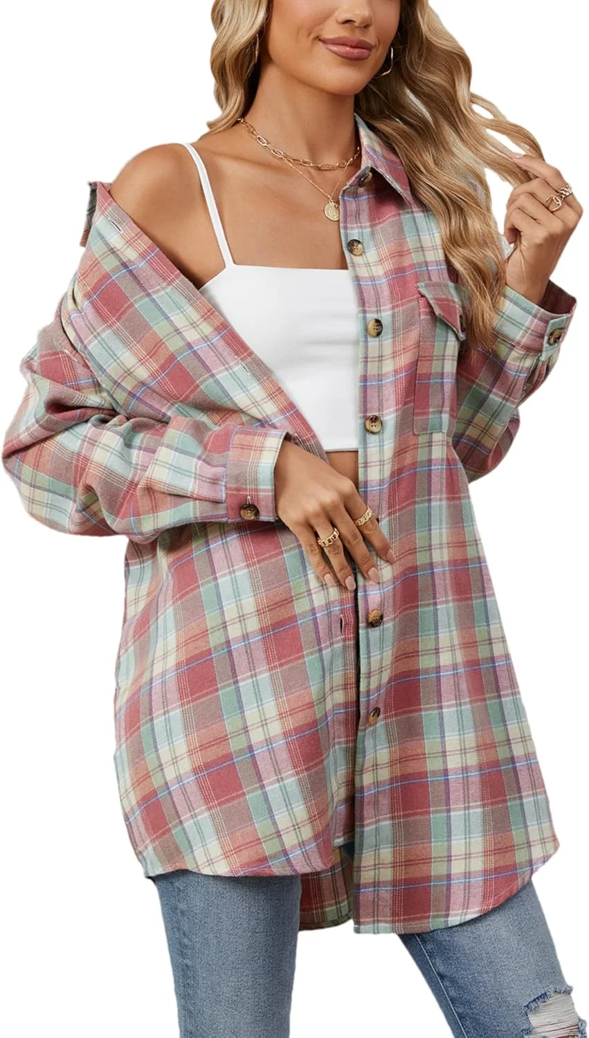 پیراهن های فلانل چهارخانه زنانه مینگژو، دکمه دار، آستین بلند، مدل Shacket، بلوز یقه دار