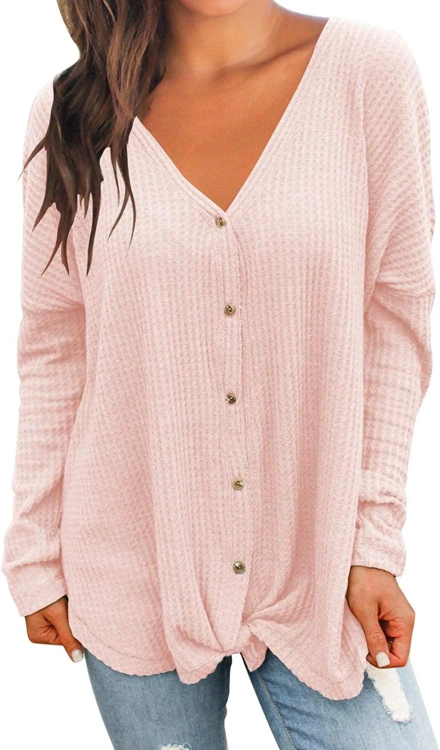 MIHOLL بلوز زنانه گشاد آستین کوتاه یقه هفت دکمه دار تی شرت گره ای جلو لباس های غیر رسمی، A09 صورتی (آستین بلند)، L