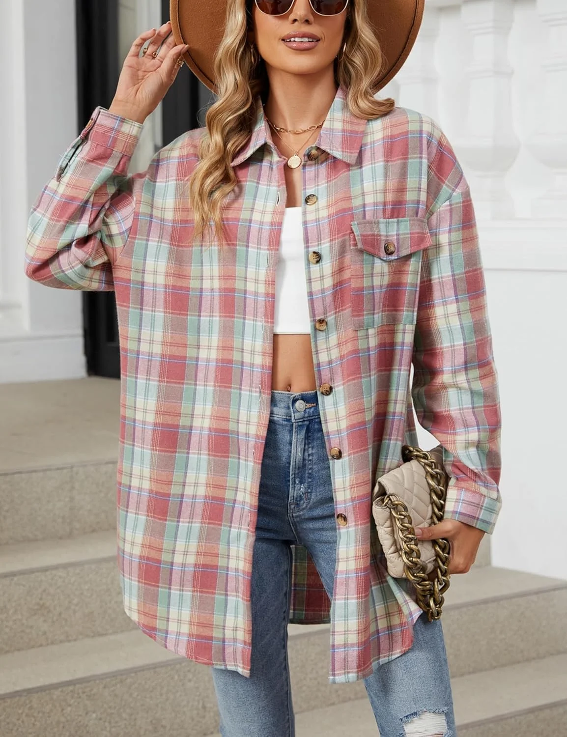 پیراهن های فلانل چهارخانه زنانه مینگژو، دکمه دار، آستین بلند، مدل Shacket، بلوز یقه دار