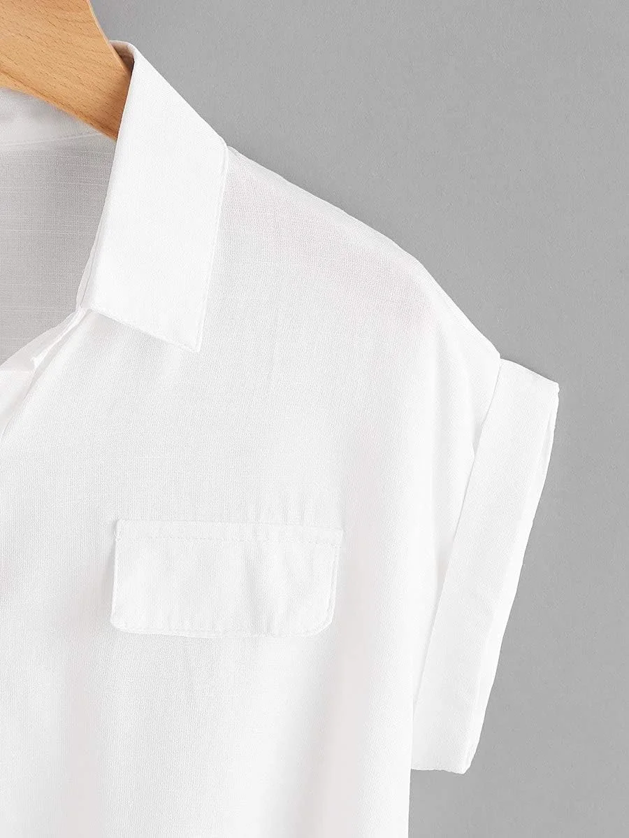 Milumia بلوز زنانه آستین کوتاه دکمه دار یقه دار گره ای