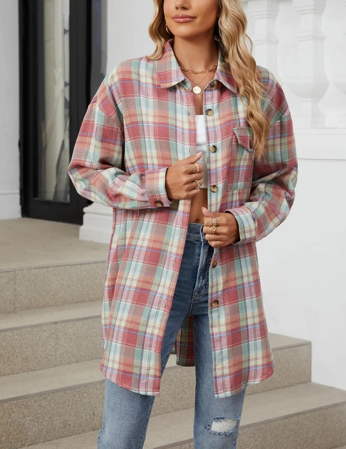 پیراهن های فلانل چهارخانه زنانه مینگژو، دکمه دار، آستین بلند، مدل Shacket، بلوز یقه دار