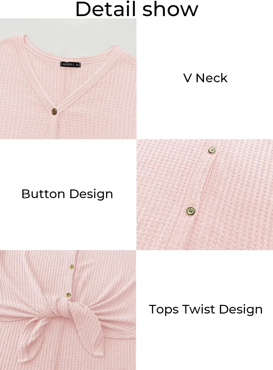 MIHOLL بلوز زنانه گشاد آستین کوتاه یقه هفت دکمه دار تی شرت گره ای جلو لباس های غیر رسمی، A09 صورتی (آستین بلند)، L