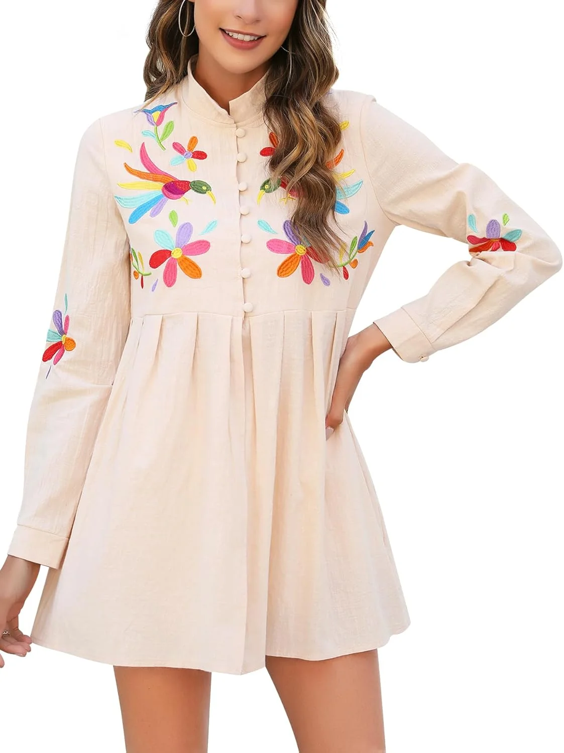 بلوز مکزیکی زنانه گلدوزی شده با طرح گلدار سنتی آستین بلند دکمه دار مناسب برای جشن سینکو د مایو