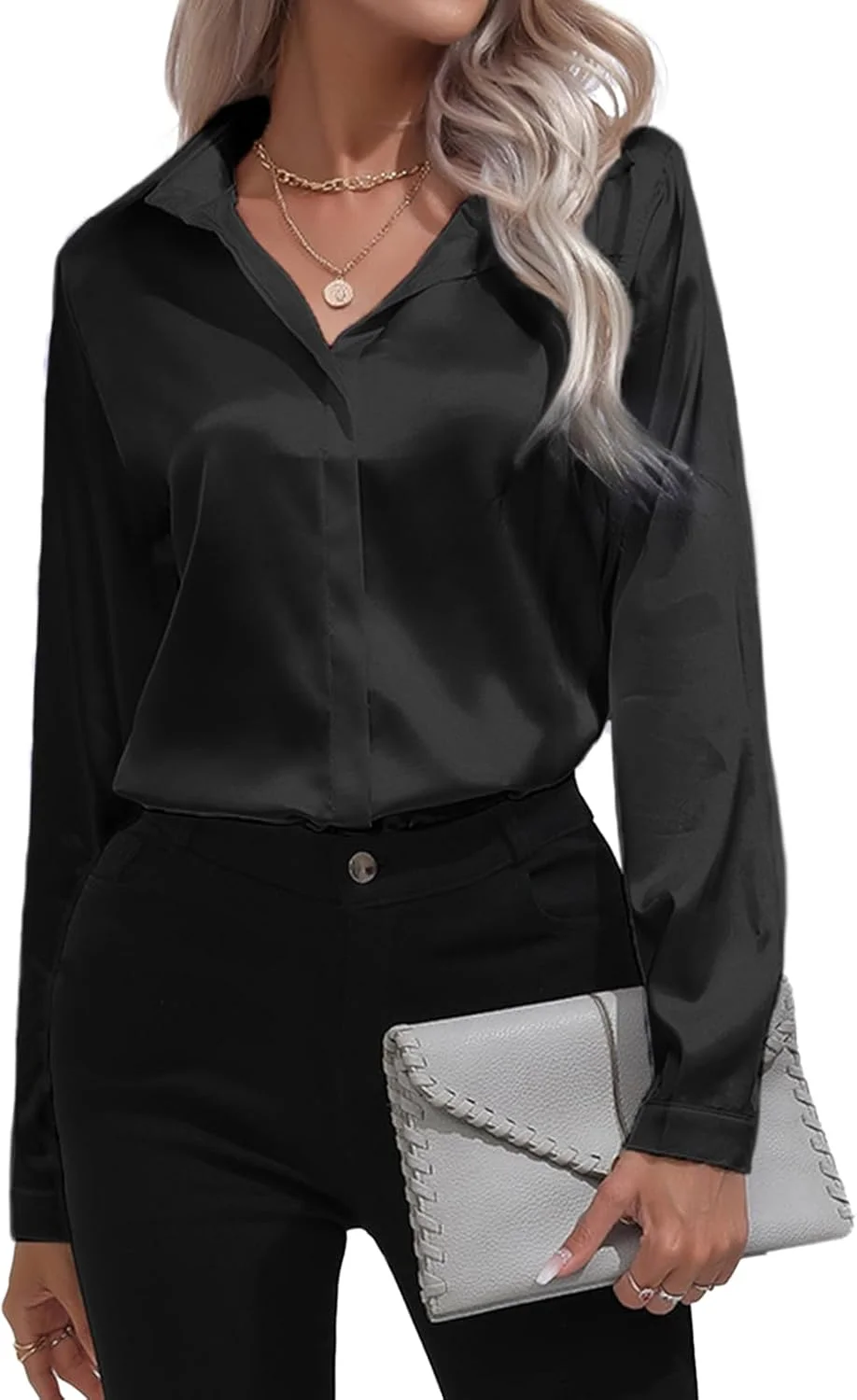 پیراهن ساتن زنانه MGizo DtiSpectrum - پیراهن آستین بلند دکمه دار طرح ابریشم، پیراهن دکمه دار یقه هفت مناسب بانوان اداری، بلوز شیک مناسب استایل نیمه رسمی