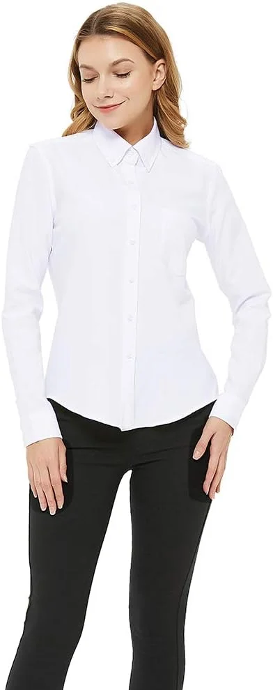 پیراهن دکمه دار زنانه MGWDT آستین بلند، بلوز آکسفورد، تاپ های نخی با برش کلاسیک و مقاوم در برابر چروک (2XS-3XL)