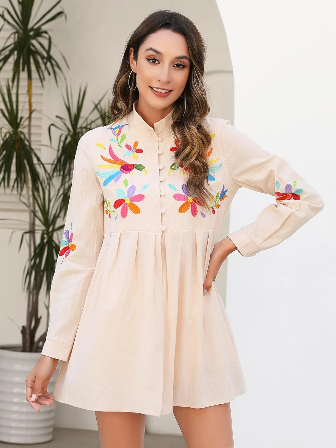 بلوز مکزیکی زنانه گلدوزی شده با طرح گلدار سنتی آستین بلند دکمه دار مناسب برای جشن سینکو د مایو