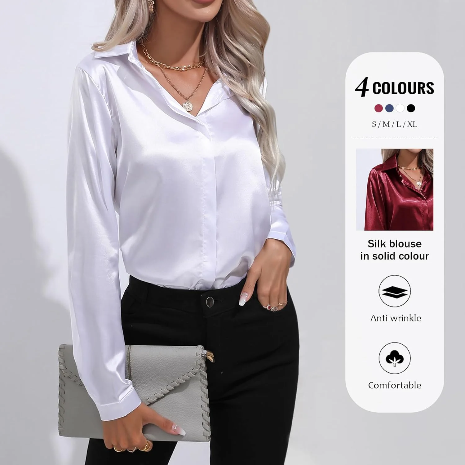 پیراهن ساتن زنانه MGizo DtiSpectrum - پیراهن آستین بلند دکمه دار طرح ابریشم، پیراهن دکمه دار یقه هفت مناسب بانوان اداری، بلوز شیک مناسب استایل نیمه رسمی