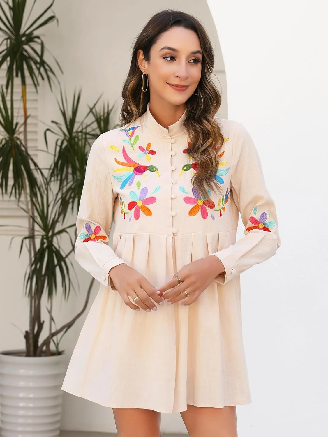 بلوز مکزیکی زنانه گلدوزی شده با طرح گلدار سنتی آستین بلند دکمه دار مناسب برای جشن سینکو د مایو