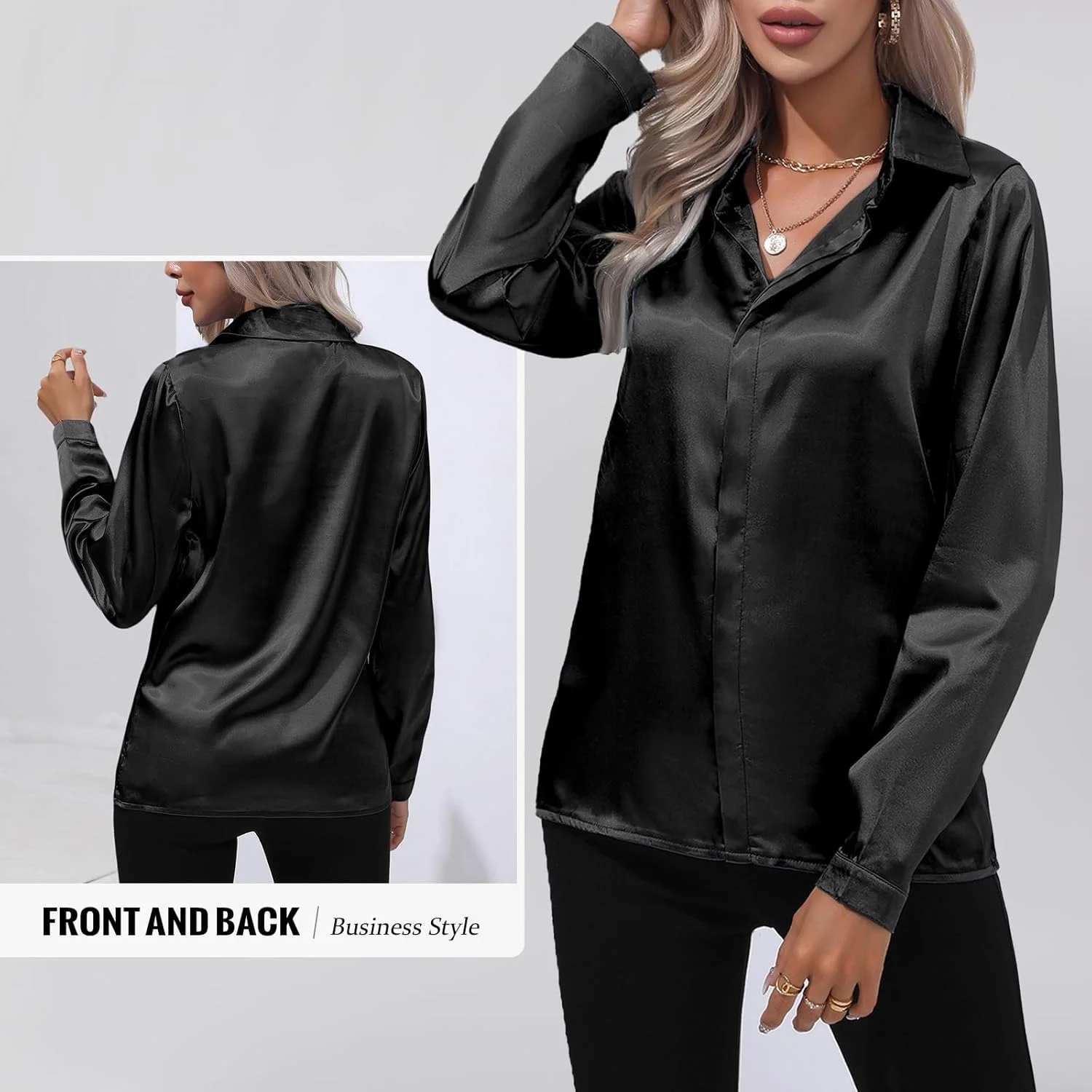 پیراهن ساتن زنانه MGizo DtiSpectrum - پیراهن آستین بلند دکمه دار طرح ابریشم، پیراهن دکمه دار یقه هفت مناسب بانوان اداری، بلوز شیک مناسب استایل نیمه رسمی