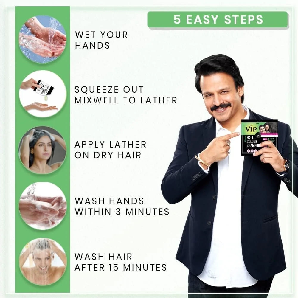 شامپو رنگ مو وی آی پی - مشکی | رنگ مو بدون آمونیاک برای آقایان و بانوان | 20 میلی لیتر (بسته 12 عددی) شامپو رنگ مو وی آی پی - مشکی | رنگ مو بدون آمونیاک برای آقایان و بانوان | 20 میلی لیتر (بسته 12 عددی)