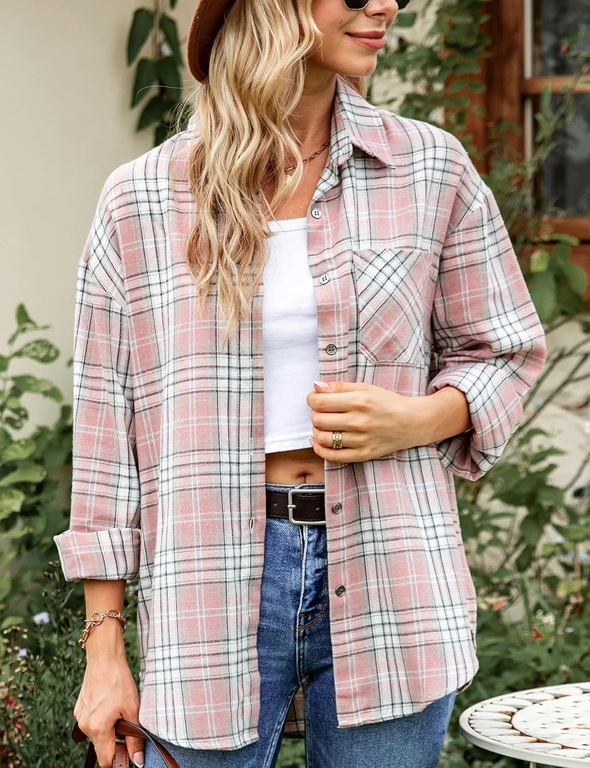 Megfie پیراهن فلانل زنانه بزرگ سایز، نرم، دکمه دار، آستین بلند، طرح چهارخانه