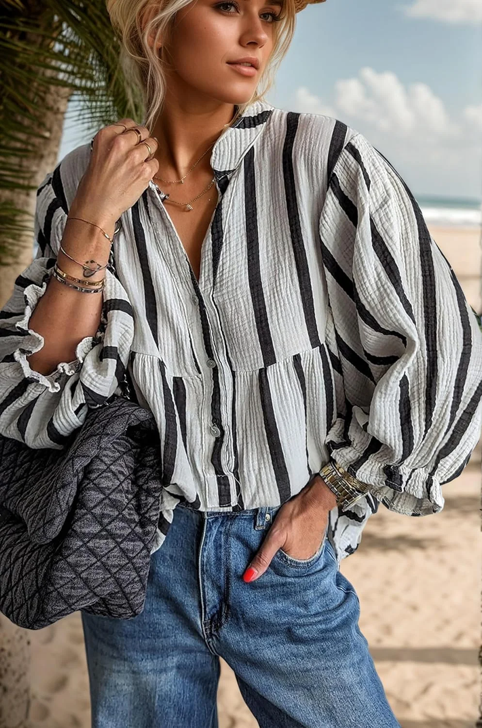 بلوز زنانه Maketina آستین پفی راه راه یقه هفت، بلوز نخی دکمه دار گشاد و راحت