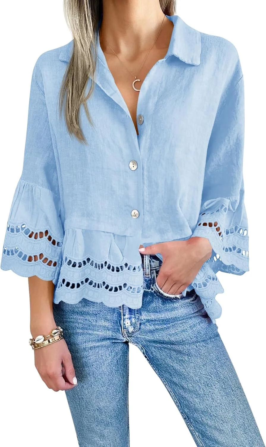 MAIABLEAU تاپ زنانه تابستانی آستین سه ربع چین دار، تی شرت گشاد، تونیک دکمه دار، بلوز مجلسی