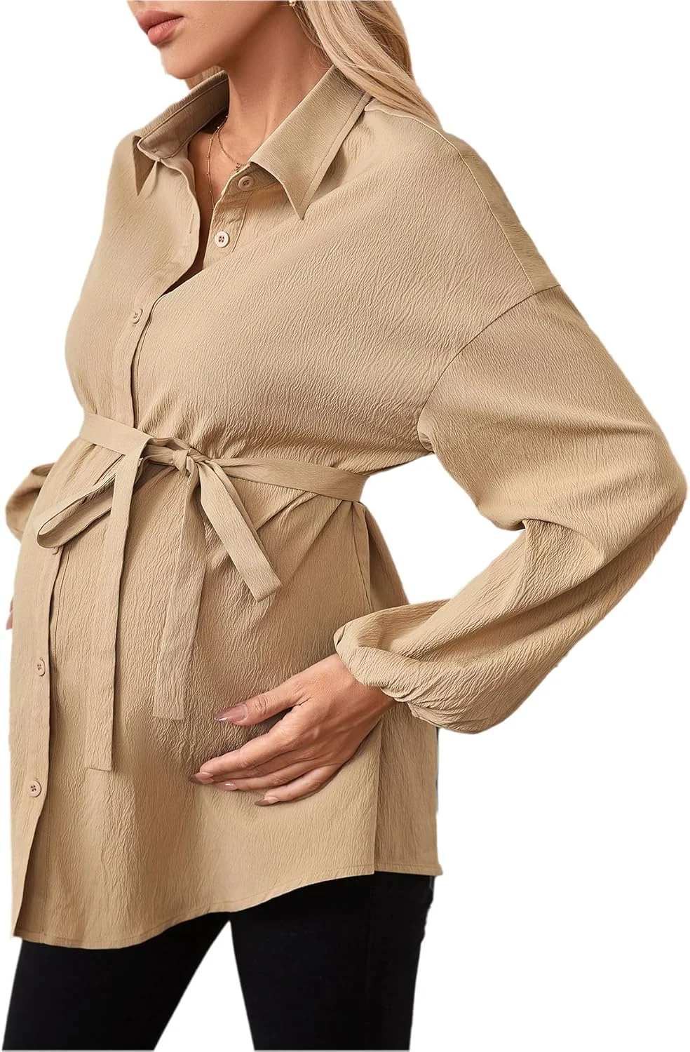 پیراهن بارداری زنانه MakeMeChic، آستین فانوسی، دکمه دار، به همراه کمربند، قهوه ای موکا، سایز L