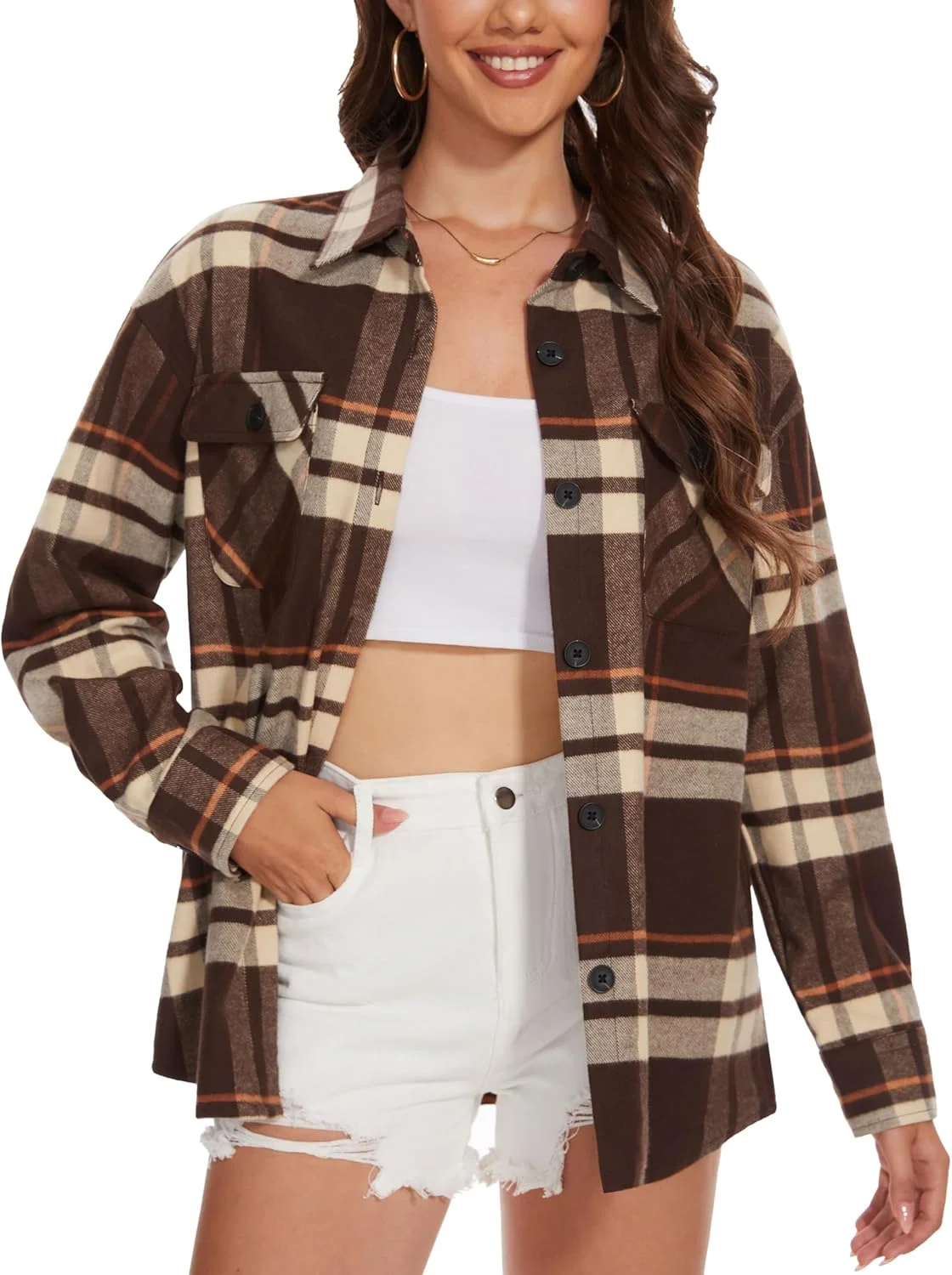 پیراهن های چهارخانه فلانل زنانه MAGCOMSEN، دکمه دار آستین بلند نرم و بزرگ، شاکت فلانل، تاپ های بلوز غیر رسمی