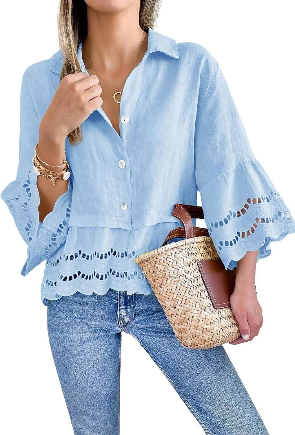 MAIABLEAU تاپ زنانه تابستانی آستین سه ربع چین دار، تی شرت گشاد، تونیک دکمه دار، بلوز مجلسی