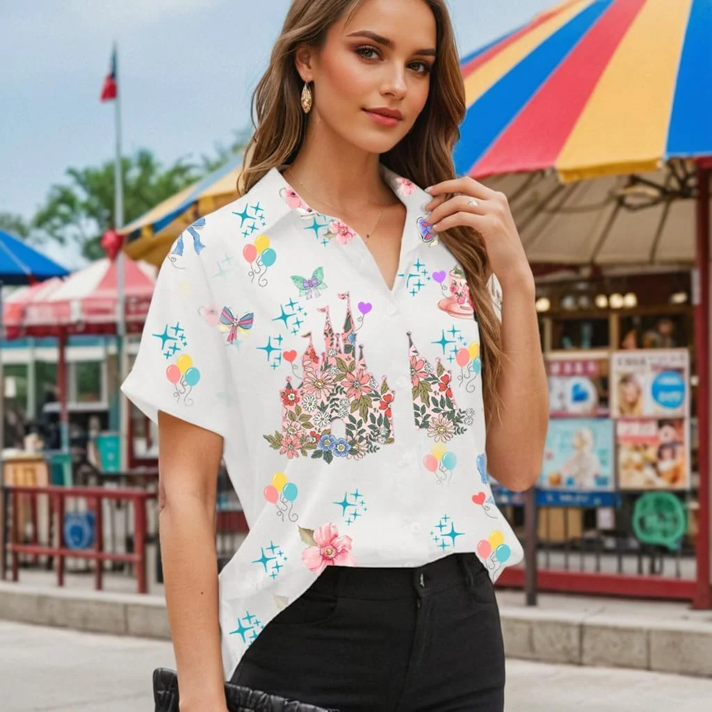 تی شرت جادویی زنانه طرح تعطیلات هاوایی دکمه دار، تیشرت گرافیکی قصه های پریان