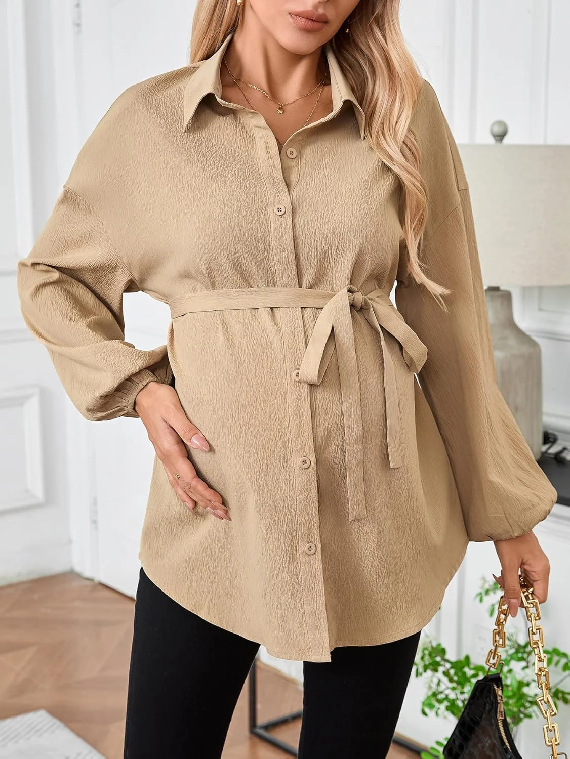 پیراهن بارداری زنانه MakeMeChic، آستین فانوسی، دکمه دار، به همراه کمربند، قهوه ای موکا، سایز L