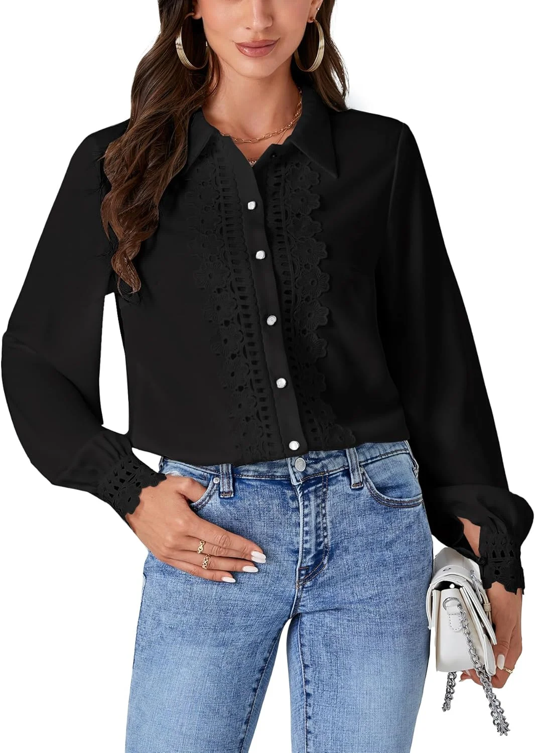 بلوز زنانه LYANER با یقه توری گلدار، یقه هفت، دکمه دار، آستین پفی بلند، مناسب محیط کار