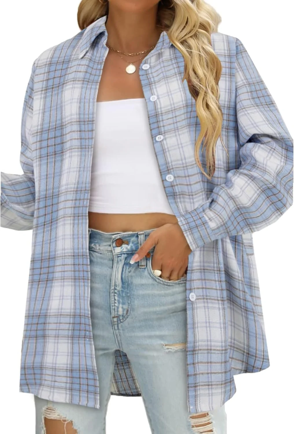 پیراهن زنانه LYANER، چهارخانه، دکمه دار، آستین بلند