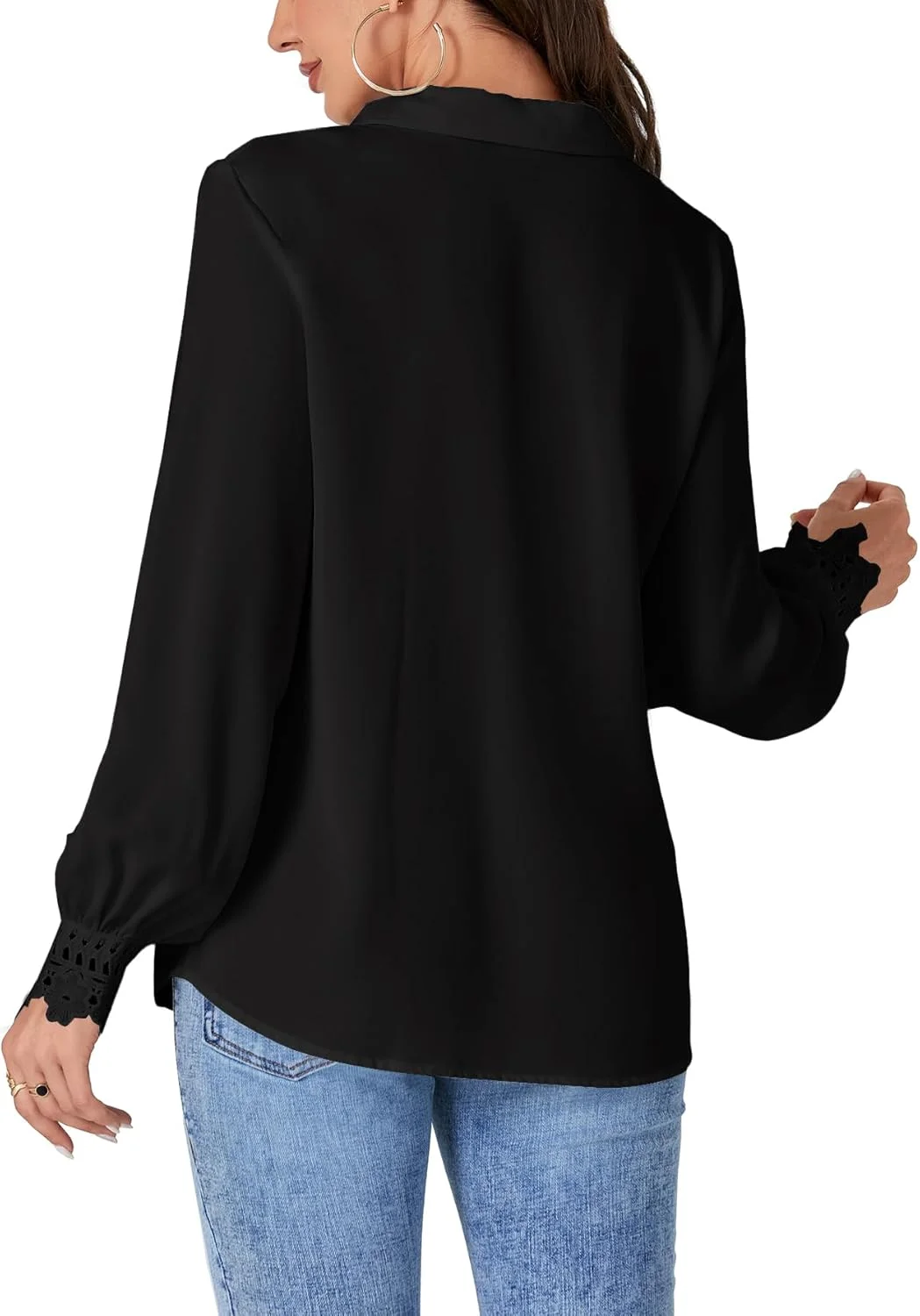 بلوز زنانه LYANER با یقه توری گلدار، یقه هفت، دکمه دار، آستین پفی بلند، مناسب محیط کار