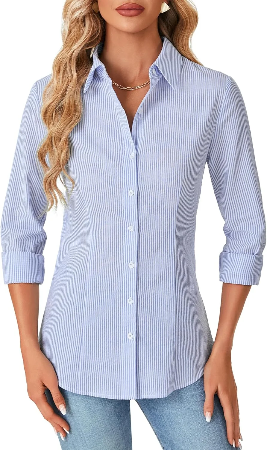 پیراهن زنانه LYANER راه راه دکمه دار Slim Fit آستین بلند یقه دار مناسب کار و استایل کژوال