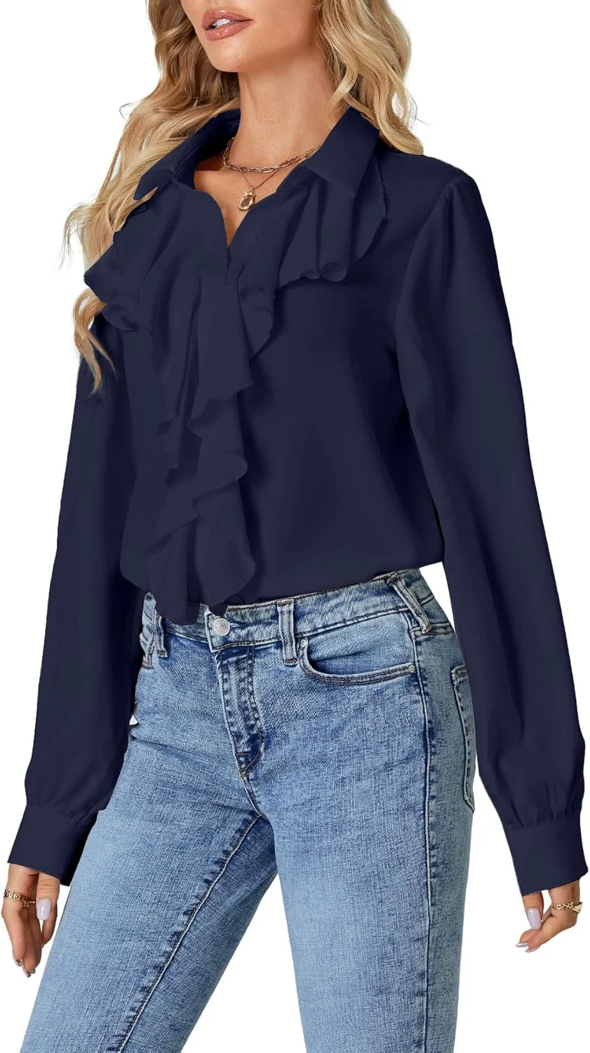 بلوز مجلسی زنانه LYANER با آستین بلند و یقه پاپیونی دکمه دار به سبک ویکتوریایی