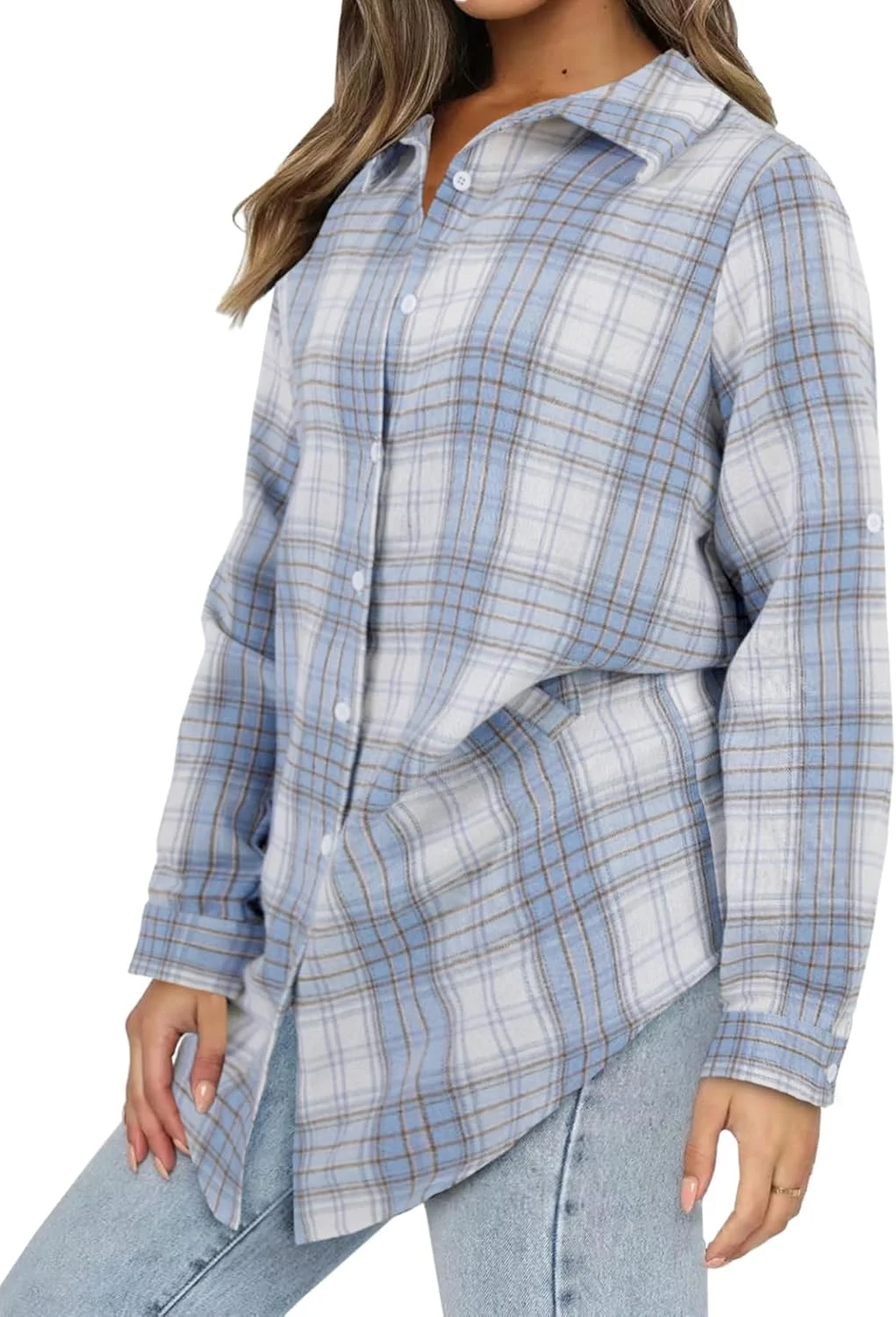 پیراهن زنانه LYANER، چهارخانه، دکمه دار، آستین بلند