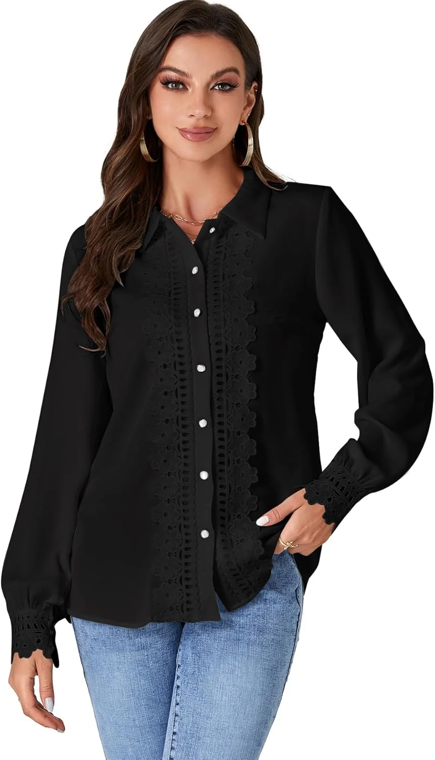 بلوز زنانه LYANER با یقه توری گلدار، یقه هفت، دکمه دار، آستین پفی بلند، مناسب محیط کار