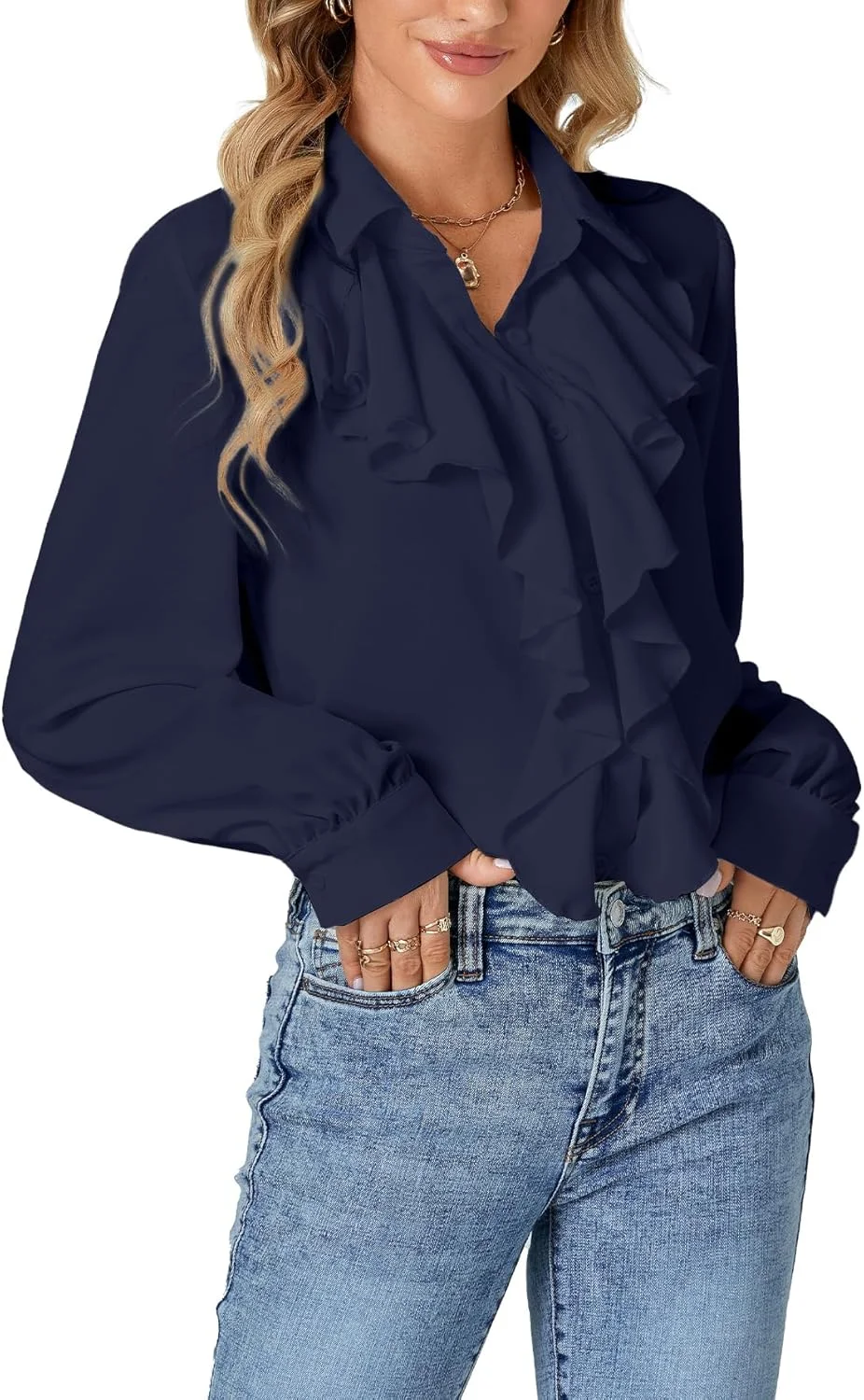 بلوز مجلسی زنانه LYANER با آستین بلند و یقه پاپیونی دکمه دار به سبک ویکتوریایی