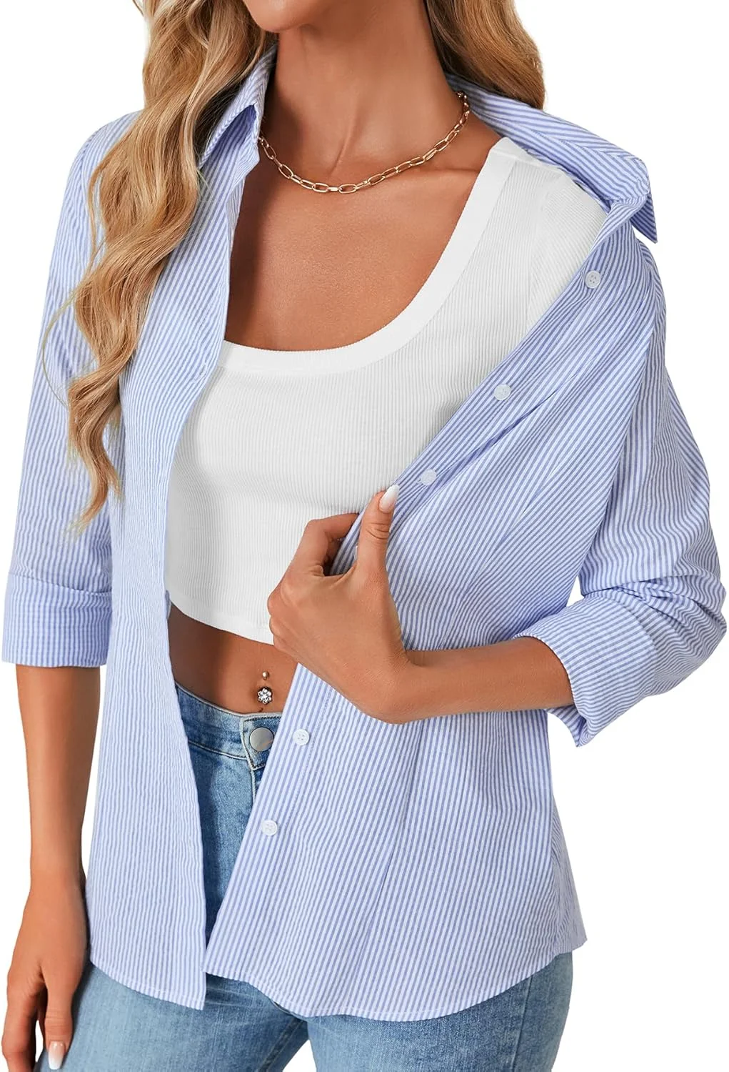 پیراهن زنانه LYANER راه راه دکمه دار Slim Fit آستین بلند یقه دار مناسب کار و استایل کژوال