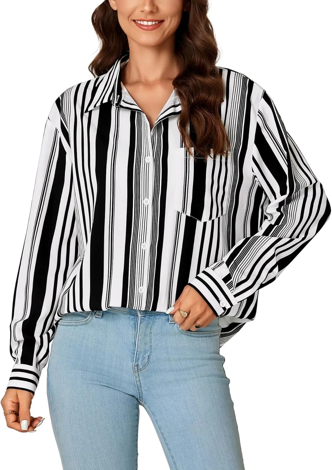 بلوز زنانه راه راه دکمه دار LYANER، آستین بلند یقه دار