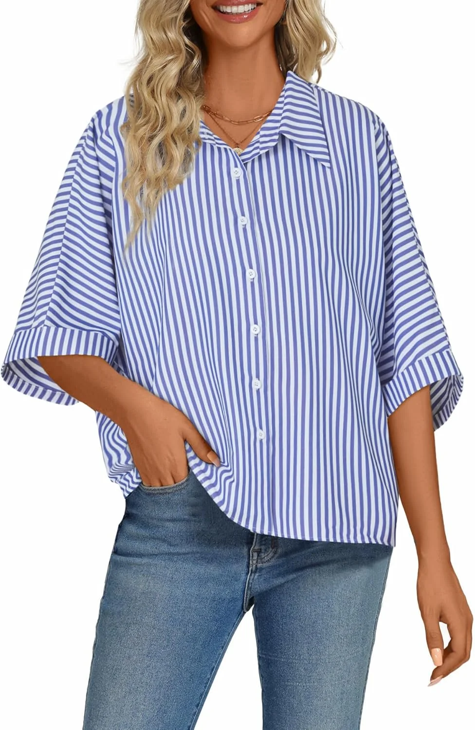 بلوز زنانه راه راه دکمه دار LYANER، یقه هفت، آستین سه ربع، مناسب استفاده روزمره، محیط کار و استایل آزاد