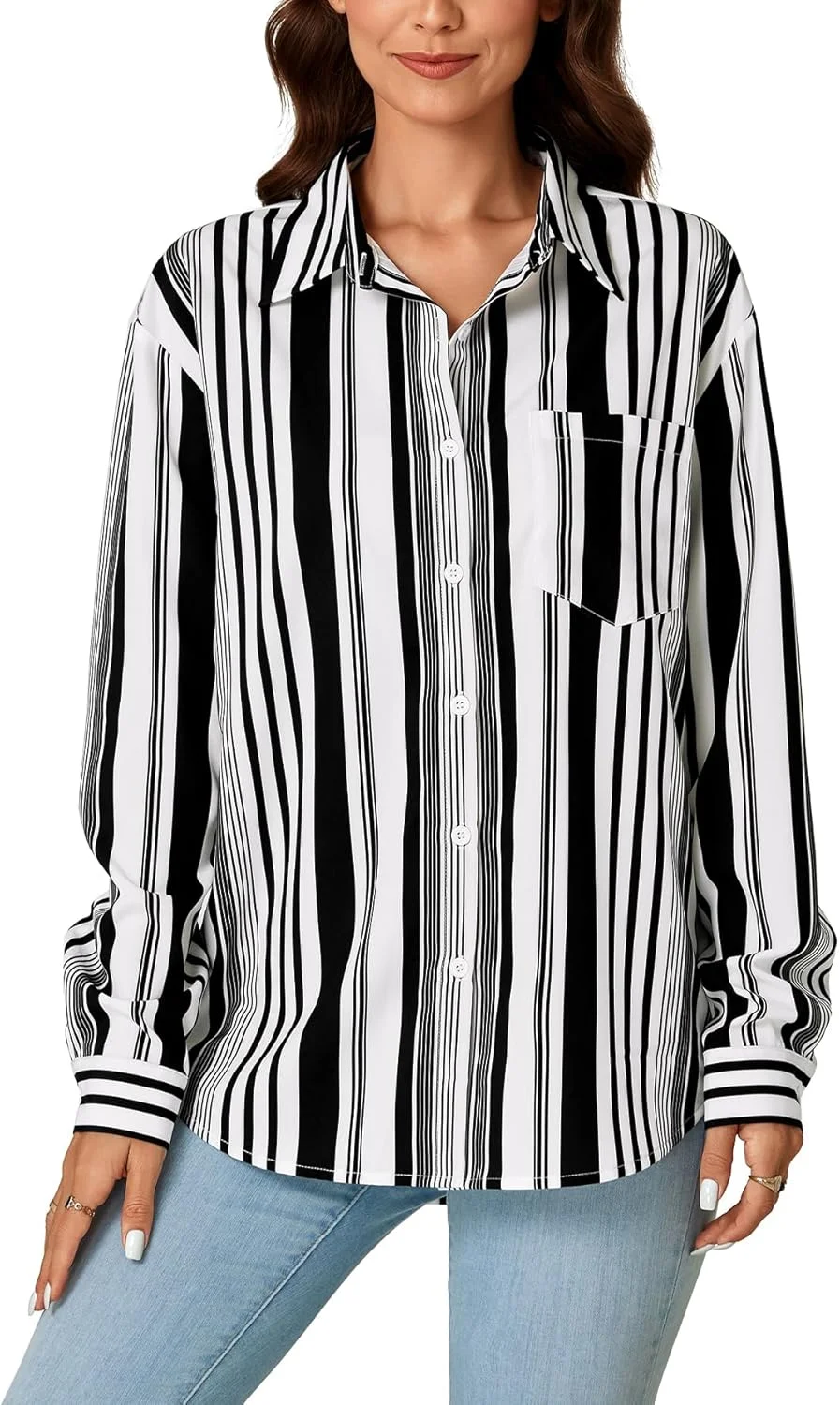 بلوز زنانه راه راه دکمه دار LYANER، آستین بلند یقه دار بلوز زنانه راه راه دکمه دار LYANER، آستین بلند یقه دار