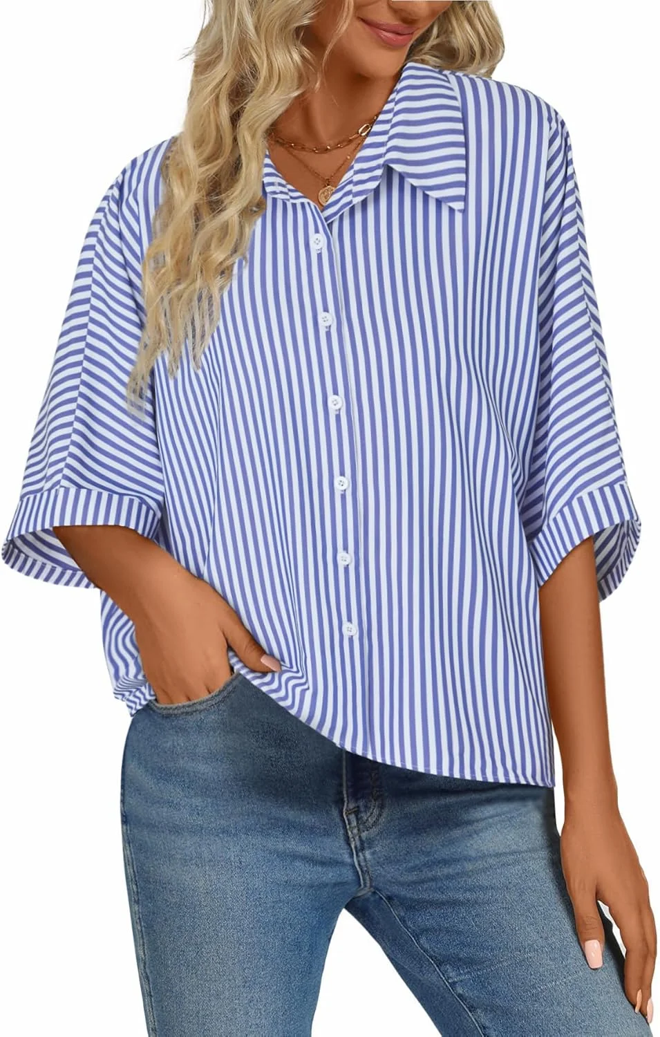 بلوز زنانه راه راه دکمه دار LYANER، یقه هفت، آستین سه ربع، مناسب استفاده روزمره، محیط کار و استایل آزاد