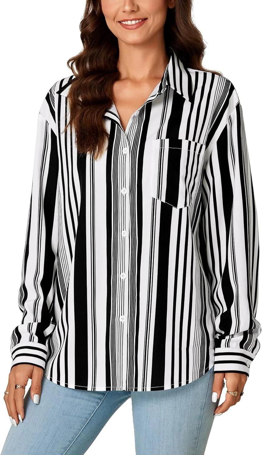 بلوز زنانه راه راه دکمه دار LYANER، آستین بلند یقه دار بلوز زنانه راه راه دکمه دار LYANER، آستین بلند یقه دار